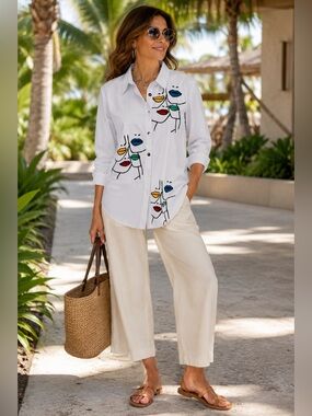 Darkwin Face Art Graphic Button Front Tunic Shirt L White Oversized